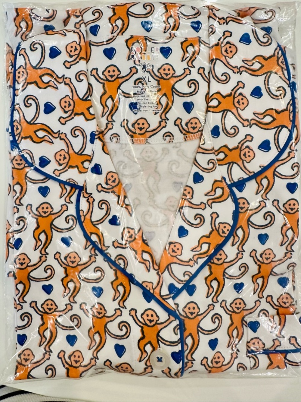 Roller Rabbit Lovely Monkey women’s pajama Set - Orange & Blue Hearts